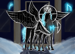 Size: 1120x800 | Tagged: safe, artist:lucerna, derpibooru import, alicorn, tricorn, fanfic:death valley, eight legs, fanfic art, glowing, glowing eyes, horn, multiple horns, multiple wings, runes, snow, wings