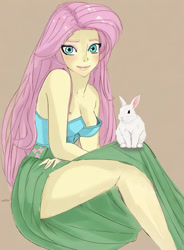 Size: 600x814 | Tagged: safe, artist:voldarian, derpibooru import, angel bunny, fluttershy, human, rabbit, equestria girls, g4, animal, breasts, clothes, cutie mark on clothes, female, sexy, stupid sexy fluttershy