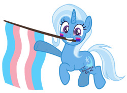 Size: 1381x1009 | Tagged: safe, artist:katnekobase, artist:yeetmedownthestairs, derpibooru import, trixie, pony, unicorn, g4, base used, bisexual pride flag, commission, cute, diatrixes, face paint, female, grin, horn, mare, mouth hold, pride, pride flag, pride month, simple background, smiling, solo, trans female, trans trixie, transgender, transgender pride flag, transparent background, ych result