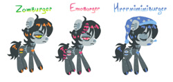 Size: 741x352 | Tagged: safe, artist:emobricosss, derpibooru import, part of a set, oc, oc only, oc:zomburger, earth pony, pony, undead, zombie, zombie pony, ahoge, alternate color palette, alternate eye color, bags under eyes, black mane, black tail, blue mouth, coat markings, colored hooves, colored mouth, colored muzzle, colored pinnae, colored pupils, colored sclera, cross earring, dyed mane, ear piercing, earring, emo, eyebrow slit, eyebrows, eyes closed, facial markings, female, freckles, frown, gray coat, gray hooves, green sclera, hat, heart, heart mark, hooves, jewelry, lidded eyes, lineless, mare, narrowed eyes, nightcap, orange eyes, orange pupils, piercing, pink eyes, pink pupils, pink sclera, profile, raccoon tail, shiny hooves, shiny mane, shiny tail, simple background, sleeping, snip (coat marking), snot bubble, solo, stitched body, tail, text, white background, wolf cut