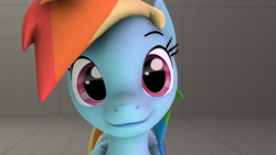 Size: 1920x1080 | Tagged: safe, artist:yelowcrom, derpibooru import, rainbow dash, pegasus, pony, g4, 3d, eyebrows, female, folded wings, looking at you, mare, raised eyebrow, smiling, smiling at you, solo, source filmmaker, stage.bsp, wings