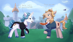 Size: 3452x2000 | Tagged: safe, derpibooru import, fancypants, jeff letrotski, earth pony, pony, unicorn, g4, canterlot, clothes, detailed background, dialogue, duo, duo male, facial hair, grass, high res, horn, magic, male, necktie, sky, suit, text