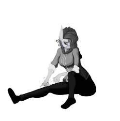 Size: 2480x2500 | Tagged: safe, artist:thelastenforcement, derpibooru import, oc, oc only, oc:vylet, anthro, plantigrade anthro, black and white, clothes, glasses, grayscale, monochrome, simple background, sitting