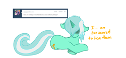 Size: 1280x597 | Tagged: safe, artist:azure-doodle, derpibooru import, lyra heartstrings, pony, g4, ask, ears, female, floppy ears, head down, hidden eyes, lying down, mare, prone, sexually confused lyra, simple background, solo, tumblr, white background