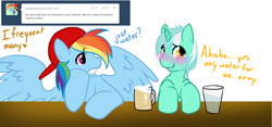 Size: 1280x597 | Tagged: safe, artist:azure-doodle, derpibooru import, lyra heartstrings, rainbow dash, pony, g4, alcohol, ask, backwards ballcap, baseball cap, beer, beer mug, blushing, cap, duo, duo female, female, glass, glass of water, hat, lesbian, lyradash, mare, sexually confused lyra, shipping, simple background, tumblr, water, white background