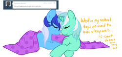 Size: 1280x597 | Tagged: safe, artist:azure-doodle, derpibooru import, lyra heartstrings, minuette, pony, unicorn, g4, ask, blanket, eyes closed, female, horn, horns are touching, lesbian, lying down, lyrette, mare, prone, sexually confused lyra, shipping, simple background, smi, tumblr, under blanket, white background