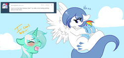 Size: 1280x597 | Tagged: safe, artist:azure-doodle, derpibooru import, lyra heartstrings, rainbow dash, oc, oc:frigid drift, pegasus, pony, ask, crush plush, duo, duo female, ears, embarrassed, eyes closed, female, floppy ears, furrowed brow, hug, implied lesbian, implied lyradash, implied shipping, mare, plushie, sexually confused lyra, tumblr