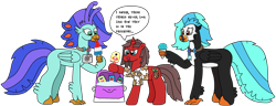 Size: 3138x1207 | Tagged: safe, artist:supahdonarudo, derpibooru import, oc, oc only, oc:icebeak, oc:ironyoshi, oc:sea lilly, classical hippogriff, hippogriff, unicorn, atg 2024, camera, cooler, dialogue, food, holding, horn, ice, jewelry, necklace, newbie artist training grounds, popsicle, simple background, snow cone, speech bubble, spongebob squarepants, spongebob squarepants (character), text, tongue, tongue out, transparent background