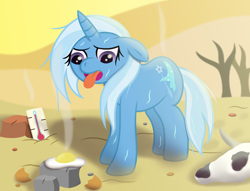 Size: 3500x2671 | Tagged: safe, artist:sweetielover, derpibooru import, trixie, pony, unicorn, g4, atg 2024, desert, egg, eggshell, female, food, heat, high res, horn, mountain, newbie artist training grounds, rock, sand, skull, solo, sunlight, sweat, thermometer, tongue, tongue out, tree