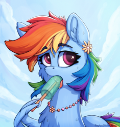 Size: 1100x1172 | Tagged: safe, artist:zeepheru_pone, derpibooru import, rainbow dash, pegasus, pony, g4, atg 2024, chest fluff, drool, ear fluff, ears, eating, female, flower, flower in hair, food, jewelry, lidded eyes, mare, melting, necklace, newbie artist training grounds, popsicle, sky, solo, suggestive eating, sweat, sweatdrop, wing hold, wings