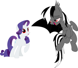 Size: 3588x3145 | Tagged: safe, artist:porygon2z, derpibooru import, rainbow dash, rarity, oc, oc:count dashula, bat pony, pegasus, pony, undead, unicorn, vampire, bat ponified, black and white mane, duo, female, flying, horn, hypno dash, hypnority, hypnosis, hypnotized, lidded eyes, looking at each other, looking at someone, mare, open mouth, open smile, race swap, rainbowbat, smiling, species swap, spread wings, wings