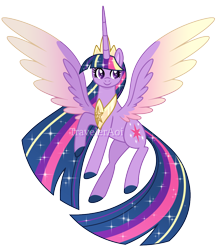 Size: 1000x1154 | Tagged: safe, artist:traveleraoi, derpibooru import, twilight sparkle, twilight sparkle (alicorn), alicorn, pony, g4, colored pupils, colored wings, crown, cute, digital art, ethereal mane, ethereal tail, female, flying, gradient wings, hooves, jewelry, long mane, long tail, mare, older, older twilight, peytral, regalia, simple background, smiling, solo, sparkles, spread wings, tail, transparent background, watermark, wings