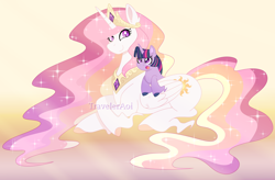 Size: 1800x1182 | Tagged: safe, artist:traveleraoi, derpibooru import, princess celestia, twilight sparkle, unicorn twilight, alicorn, pony, unicorn, g4, :o, colored pupils, crepuscular rays, crossed legs, crown, cute, cutelestia, digital art, duo, duo female, ear fluff, ears, ethereal mane, ethereal tail, female, filly, filly twilight sparkle, flowing mane, flowing tail, foal, folded wings, gradient background, hooves, horn, jewelry, long mane, long tail, lying down, mare, momlestia, open mouth, peytral, ponies riding ponies, prone, rainbow power, regalia, riding, riding a pony, smiling, sparkles, starry mane, starry tail, sunrise, tail, twiabetes, watermark, wings, younger