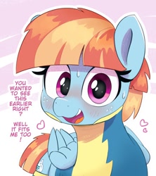 Size: 1065x1200 | Tagged: safe, artist:pabbley, derpibooru import, windy whistles, pegasus, pony, g4, blush lines, blushing, bronybait, clothes, cute, dialogue, female, folded wings, freckles, heart, looking at you, mare, open mouth, open smile, smiling, smiling at you, solo, sweat, text, uniform, windybetes, wings, wonderbolts uniform