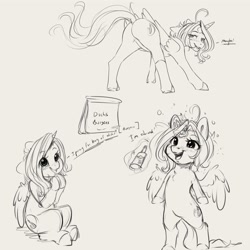 Size: 4000x4000 | Tagged: safe, artist:miokomata, derpibooru import, oc, oc only, oc:dazzling talents, alicorn, pony, alcohol, bag, blushing, butt, dialogue, dock, drink, drunk, drunk bubbles, eye clipping through hair, female, grayscale, innuendo, mare, monochrome, open mouth, open smile, paper bag, plot, presenting, presenting butt, rear view, simple background, sketch, sketch dump, smiling, solo, tail, white background