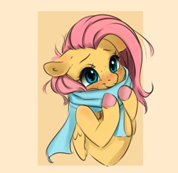 Size: 2319x2259 | Tagged: safe, artist:miokomata, derpibooru import, fluttershy, pegasus, pony, g4, blushing, bust, clothes, colored hooves, cute, ears, floppy ears, freckles, freckleshy, hooves, passepartout, scarf, shyabetes, simple background, solo, yellow background