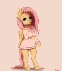 Size: 3222x3709 | Tagged: safe, artist:miokomata, derpibooru import, fluttershy, pegasus, pony, semi-anthro, g4, beige background, clothes, cute, female, freckles, freckleshy, hoodie, mare, shyabetes, signature, simple background, solo