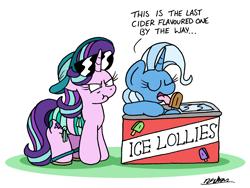 Size: 2144x1608 | Tagged: safe, artist:bobthedalek, derpibooru import, starlight glimmer, trixie, pony, unicorn, g4, angry, atg 2024, bikini, clothes, duo, female, food, freezer, frown, hat, hoof hold, horn, ice lolly, inconvenient trixie, licking, mare, narrowed eyes, newbie artist training grounds, popsicle, sandals, simple background, starlight glimmer is not amused, sun hat, sunglasses, swimsuit, tongue, tongue out, transparent background, unamused