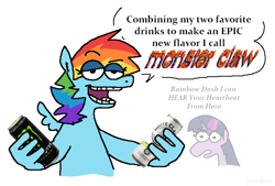 Size: 1350x912 | Tagged: safe, artist:punkittdev, derpibooru import, rainbow dash, twilight sparkle, pegasus, pony, unicorn, g4, can, dialogue, drink, duo, duo female, energy drink, female, flaming text, hands on pony, horn, lidded eyes, mare, monster energy, simple background, soda, soda can, solo focus, speech bubble, suddenly hands, talking, teeth, text, this will end in hospitalization, white background, white claw