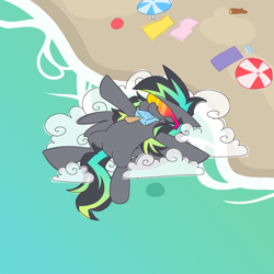 Size: 1800x1800 | Tagged: safe, artist:threetwotwo32232, derpibooru import, oc, oc only, oc:cool time, pegasus, pony, atg 2024, beach, cloud, female, food, ice cream, mare, newbie artist training grounds, ocean, solo, sunglasses, water