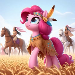 Size: 1024x1024 | Tagged: safe, ai content, derpibooru import, machine learning generated, pinkie pie, horse, human, pony, g4, disney, feather, female, native american, pocahontas, prompter:pinkiepiepics