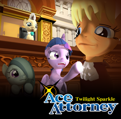 Size: 1142x1130 | Tagged: safe, artist:blitzytehpony, derpibooru import, marble pie, mayor mare, ms. harshwhinny, twilight sparkle, twilight sparkle (alicorn), alicorn, earth pony, pony, g4, 3d, ace attorney, angry, courtroom, female, glasses, gmod, logo, logo parody, looking down, mare, parody, pointing, raised hoof, raised leg, recreation, smug