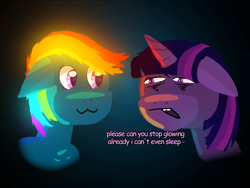 Size: 1024x768 | Tagged: safe, artist:serverok, derpibooru import, rainbow dash, twilight sparkle, pegasus, pony, unicorn, g4, :3, bags under eyes, bust, dark background, duo, duo female, female, glowing mane, heart, heart eyes, horn, insomnia, lesbian, portrait, shipping, simple background, text, tired, twidash, wingding eyes