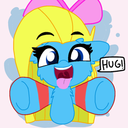 Size: 720x720 | Tagged: safe, artist:cooperthedoodlian, derpibooru import, oc, oc only, oc:cuteamena, earth pony, pony, bow, clothes, cooper doodlian is trying to murder us, cute, hair bow, hooves out, hug, hug request, socks, solo, tongue, tongue out, uvula