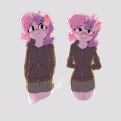 Size: 4000x4000 | Tagged: safe, alternate version, artist:potato22, derpibooru import, sweetie belle, anthro, unicorn, g4, alternate character, arm behind back, blushing, breasts, clothes, female, gray background, hoodie, horn, looking at you, mare, older, older sweetie belle, shorts, simple background, smiling, smiling at you, solo, sweetie boobs