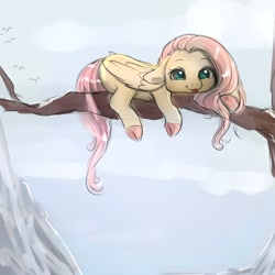 Size: 4000x4000 | Tagged: safe, artist:miokomata, derpibooru import, fluttershy, pegasus, pony, g4, colored hooves, cute, daaaaaaaaaaaw, ears, female, floppy ears, freckles, freckleshy, hooves, looking at you, lying down, mare, mlem, prone, shyabetes, smiling, smiling at you, solo, tongue, tongue out, tree branch