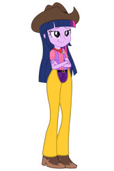 Size: 2000x3000 | Tagged: safe, artist:ajosterio, artist:user15432, derpibooru import, edit, twilight sparkle, twilight sparkle (alicorn), alicorn, human, equestria girls, belt, belt buckle, boots, clothes, cowboy boots, cowboy hat, cowgirl, cowgirl boots, cowgirl outfit, crossed arms, hat, high heel boots, pants, princess peach showtime, sheriff's badge, shirt, shoes, smiling, vector, vector edit, vest