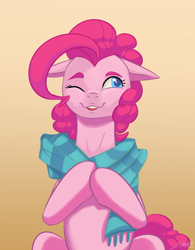 Size: 2500x3200 | Tagged: safe, artist:silverhopexiii, derpibooru import, pinkie pie, earth pony, pony, g4, belly, clothes, colored pupils, ears, female, floppy ears, gradient background, high res, mare, one eye closed, open mouth, open smile, scarf, sitting, smiling, solo, sternocleidomastoid, striped scarf, wink