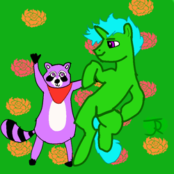 Size: 768x768 | Tagged: safe, artist:joeydr, derpibooru import, oc, oc:green byte, pony, raccoon, unicorn, atg 2024, horn, indigo park (video game), male, newbie artist training grounds, rambley raccoon, stallion