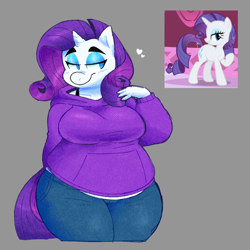 Size: 2000x2000 | Tagged: safe, artist:cuppucoffee, derpibooru import, rarity, anthro, pony, unicorn, g4, green isn't your color, arm behind back, blush lines, blushing, bra, bra strap, breasts, chubby, clothes, eyeshadow, fat, female, floating heart, gray background, heart, horn, lidded eyes, makeup, mare, obese, pants, raised hoof, raised leg, requested art, screencap reference, simple background, smiling, solo, sweater, tail, underwear