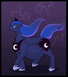 Size: 1800x2047 | Tagged: safe, artist:bastiel, derpibooru import, princess luna, alicorn, pony, g4, abdominal bulge, belly, big belly, crown, ethereal mane, ethereal tail, female, gradient background, hoof shoes, jewelry, large belly, mare, pregluna, pregnant, regalia, smiling, solo, tail, walking