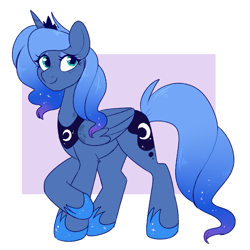 Size: 879x879 | Tagged: safe, artist:lulubell, derpibooru import, princess luna, alicorn, pony, abstract background, coat markings, crown, dappled, female, freckles, hoof shoes, jewelry, mare, older, regalia, s1 luna, smiling, solo