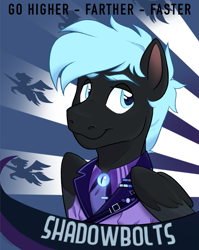 Size: 1353x1700 | Tagged: safe, artist:slushpony, derpibooru import, oc, oc only, oc:midnight lancer, pegasus, equestria at war mod, badge, clothes, folded wings, looking at you, pegasus oc, poster, propaganda, shadowbolts, smiling, solo, uniform, wings