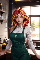 Size: 1024x1536 | Tagged: safe, ai content, derpibooru import, generator:yodayo, machine learning generated, sunset shimmer, human, g4, apron, big breasts, breasts, cafe, cleavage, clothes, collarbone, female, humanized, indoors, long hair, long sleeved shirt, long sleeves, looking back, prompter:sammykun, shirt, shop, solo, starbucks, sunset jiggler, thighs, tight clothing, white shirt, wide hips, window