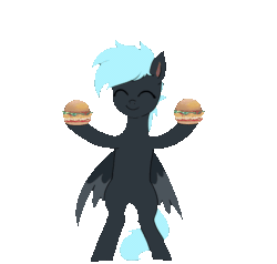 Size: 1080x1027 | Tagged: safe, artist:petaltwinkle, derpibooru import, oc, oc only, oc:midnight lancer, pegasus, pony, animated, bipedal, burger, commission, dancing, food, gif, happy, hay burger, pegasus oc, simple background, solo, spread wings, tail, transparent background, wings, ych result