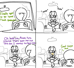 Size: 800x730 | Tagged: safe, artist:notawriteranon, derpibooru import, oc, oc only, oc:anon, oc:dot matrix, human, pony, 4 panel comic, car, car interior, comic, duo, mcdonald's