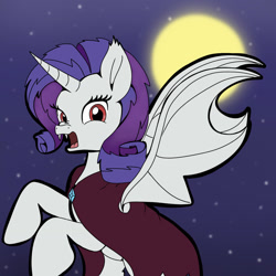 Size: 1280x1280 | Tagged: safe, artist:bunnyweinberger, derpibooru import, rarity, alicorn, bat pony, bat pony alicorn, unicorn, alternate eye color, bat ponified, bat wings, cape, clothes, female, full moon, horn, mare, moon, night, open mouth, outdoors, race swap, raribat, rearing, red eyes, solo, wings