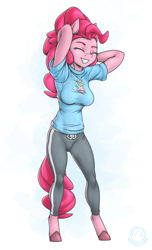 Size: 2231x3675 | Tagged: safe, artist:mysticalpha, derpibooru import, pinkie pie, anthro, earth pony, unguligrade anthro, arm behind head, breasts, eyes closed, female, grin, pinkie pies, smiling, solo, tracksuit