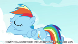 Size: 1280x720 | Tagged: safe, derpibooru import, edit, edited screencap, editor:jaredking779, screencap, rainbow dash, pegasus, pony, g4, season 4, testing testing 1-2-3, butt, caption, female, folded wings, mare, open mouth, plot, solo, song reference, text, the pussycat dolls, wings