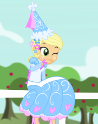 Size: 1214x1534 | Tagged: safe, derpibooru import, applejack, equestria girls, g4, beautiful, bow, clothes, dress, ear piercing, flower, flower in hair, froufrou glittery lacy outfit, giggling, gown, laughing, long sleeves, piercing, princess, princess applejack, puffy sleeves, solo