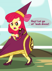 Size: 1299x1793 | Tagged: safe, derpibooru import, apple bloom, equestria girls, for whom the sweetie belle toils, g4, clothes, dress, gown, princess, princess apple bloom, solo, speech bubble, text
