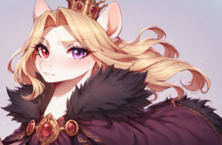 Size: 1833x1200 | Tagged: safe, ai content, derpibooru import, machine learning generated, oc, oc only, oc:briar southcape, earth pony, cape, clothes, crown, fur coat, jewelry, looking at you, prompter:greesys, queen, regalia, solo