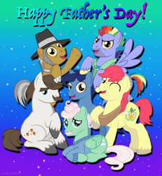 Size: 2358x2550 | Tagged: safe, artist:jac59col, derpibooru import, bow hothoof, bright mac, gentle breeze, hondo flanks, igneous rock pie, night light, earth pony, pegasus, pony, unicorn, g4, clothes, dad six, father, father's day, gradient background, hat, horn, male, mane six opening poses, stallion, unshorn fetlocks