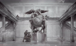 Size: 4971x3000 | Tagged: safe, artist:littlepolly, derpibooru import, human, pony, globe, grayscale, monochrome, pony on earth, statue