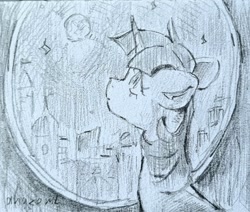 Size: 2048x1740 | Tagged: safe, artist:laymy, derpibooru import, twilight sparkle, unicorn twilight, pony, unicorn, g4, bust, ears, ears back, female, floppy ears, full moon, grayscale, looking up, mare, monochrome, moon, night, pencil drawing, solo, traditional art, window