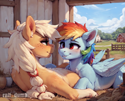 Size: 1024x832 | Tagged: safe, ai content, derpibooru import, generator:stable diffusion, machine learning generated, applejack, rainbow dash, earth pony, pegasus, pony, g4, blushing, duo, duo female, eye contact, farm, female, generator:easyfluff v10-prerelease, hay, looking at each other, looking at someone, lying down, mare, on back, prompter:raif, prone, smiling, smiling at each other